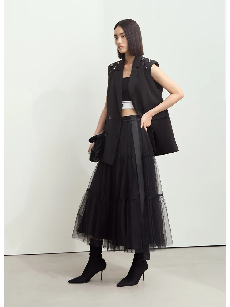 AMII-Jupe Maxi en Tulle Superposée pour Femme, Minimaliste, Taille Haute, Élégante, Ligne A, Maille, Noir, Blanc, ix, Jupes Douces, 12443071