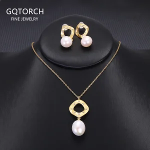 Ensemble de bijoux en perles d&rsquo;eau douce naturelles, collier et boucles d&rsquo;oreilles en argent S925 plaqué or, accessoires géométriques élégants, 256