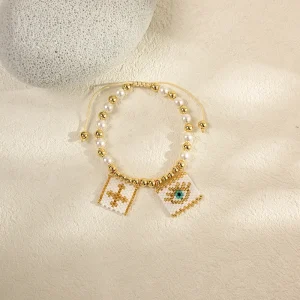 Bracelet perlé fait main pour femme, bijoux Boho, bracelets à breloques réglables avec perle, croix, mauvais œil, cadeaux de mode, Acc