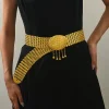 ceinture à chaîne large ton or avec boucle ornée et glands de perles pendants, ceinture de taille à la mode pour robes, accessoire de fête élégant