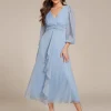 EVER PRETTY-robe de soirée bleu ciel, tenue de soirée élégante, col en V profond, manches longues, longueur genou, mousseline brillante, robes d&rsquo;Bélées de mariage, 2025