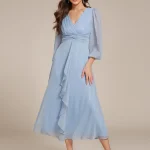 EVER PRETTY-robe de soirée bleu ciel, tenue de soirée élégante, col en V profond, manches longues, longueur genou, mousseline brillante, robes d&rsquo;Bélées de mariage, 2025