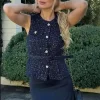 gilet bleu à paillettes pour femmes, nouvelle mode avec ceinture, manteau sans manches, streetwear chic, automne 2024