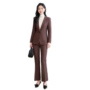Costume Marron pour Femme, Blazer et Pantalon Slim, Haut de Gamme, Tenue de Travail, Nouvelle Collection Automne 2024