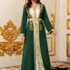 Moyen-Orient élégant Abaya marocain femmes brodé avec ceinture Robe à manches longues deux pièces dubaï Robe islamique