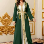 Moyen-Orient élégant Abaya marocain femmes brodé avec ceinture Robe à manches longues deux pièces dubaï Robe islamique