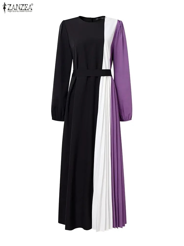 zanzea hijabs femmes robes longues plissées modeste contraste couleur à manches longues ceinturée a ligne robe maxi abaya robes vêtements musulmans
