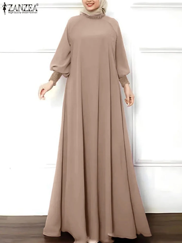 zanzea islamique hijab élégant robes mode musulmane froncé manchette femmes à manches longues maxi robe solide à volants col rond abaya robes