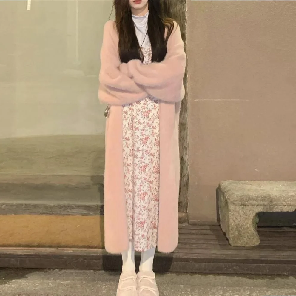 Cardigan Long blanc pour femmes, vêtements d'hiver tricotés, moelleux, manches longues, pull en cachemire, manteau, style coréen, chaud, vintage, nouvelle collection 2025