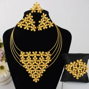 Ensemble de bijoux élégants éthiopiens, collier et boucles d&rsquo;oreilles en forme de fleur brésilienne, bracelet et bague de luxe pour fête de dubaï, cadeau de fête des mères