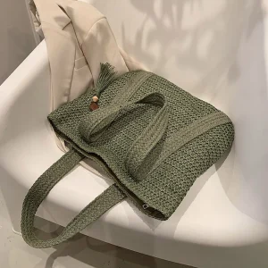 Sacs à main tissés à la main, sacs d’été à poignée supérieure, faits à la main, simples, grande capacité avec pendentif pompon, fourre-tout décontracté Sacs à main tissés à la main, sacs d’été à poignée supérieure, faits à la main, simples, grande capacité avec pendentif pompon, fourre-tout décontracté