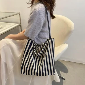 Femme décontracté multifonctionnel voyage poignée supérieure sac à main grande capacité toile femmes Shopper fourre-tout Simple rayé sac à bandoulière 2025