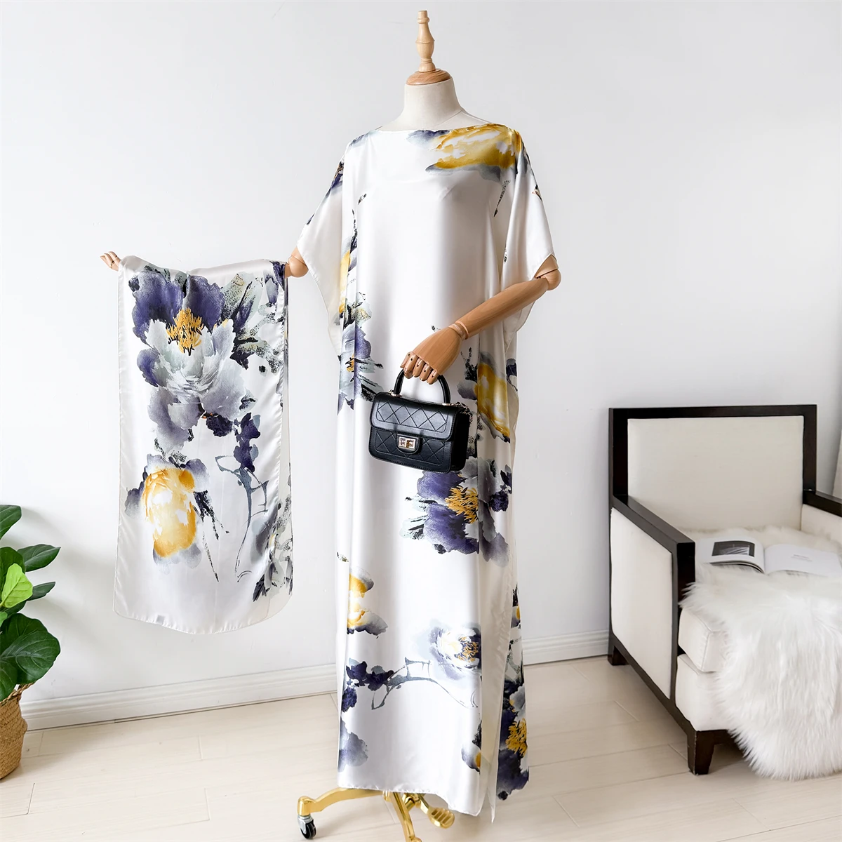 nouvelle mode robe d'été avec grande écharpe dubaï turquie caftan musulman ample abaya femmes africaines décontracté maxi paon châle robe