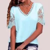 lâche col en v à manches courtes dentelle patchwork blouse femmes t shirt style décontracté haut bureau dame élégant simple à manches courtes pull t shirt