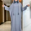 femmes coton abayas musulman ramadan vêtements de prière avec capuche jalaba solide décontracté manches chauve souris arabe oriental robe eid djellab