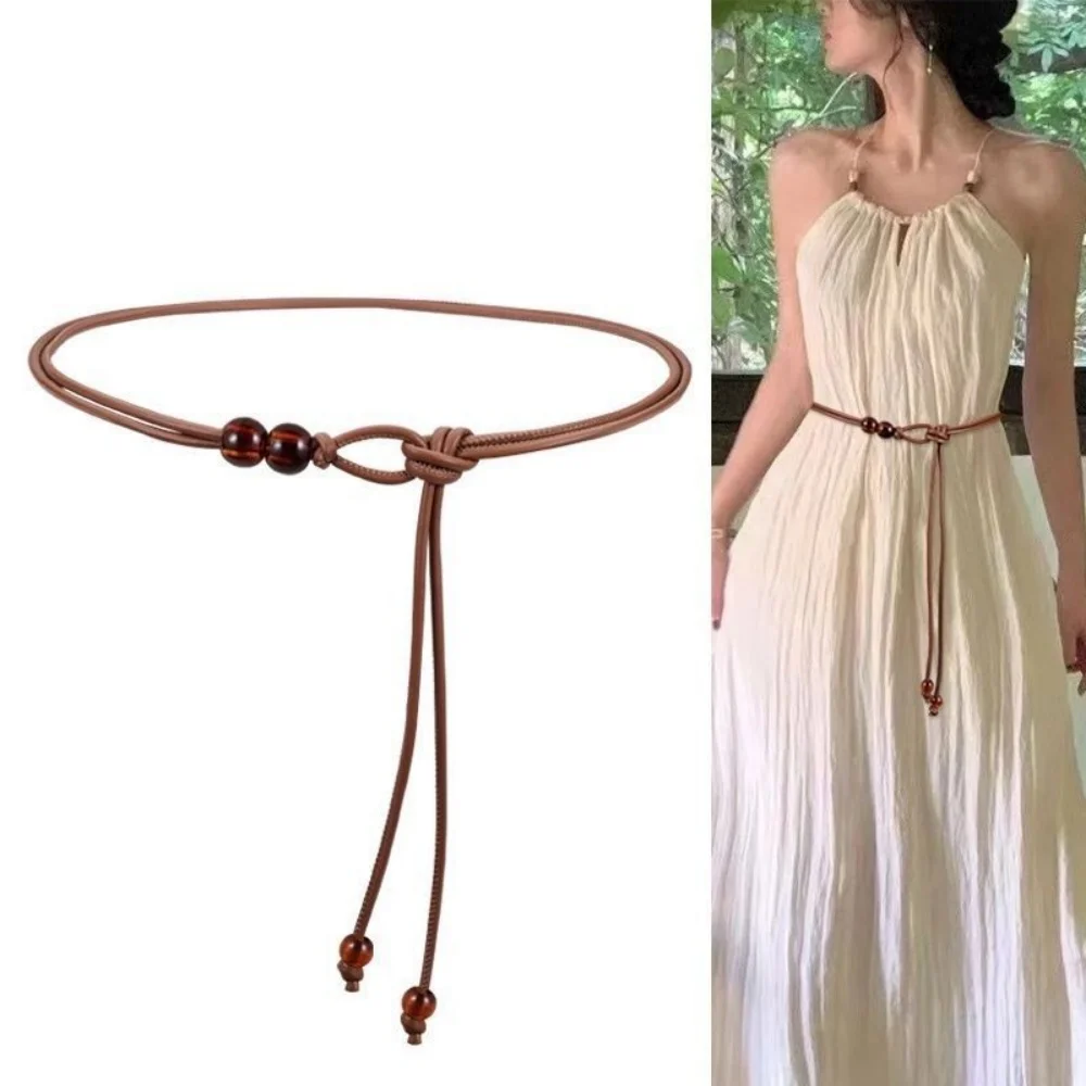 Ceinture fine en corde de taille pour femmes, Style ethnique, corde en cuir perlée, chemise habillée, décoration polyvalente à la mode, ceinture de taille réglable