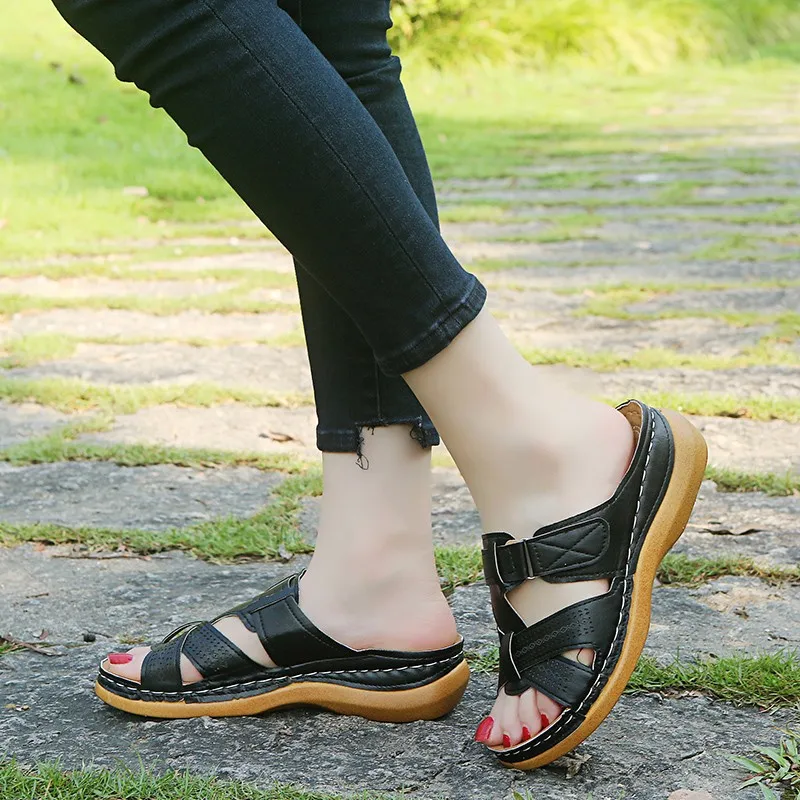 Sandales compensées orthopédiques 4WD pour femmes, chaussures d'été ouvertes, vintage, coordonnantes, en cuir, décontractées, à plateforme rétro