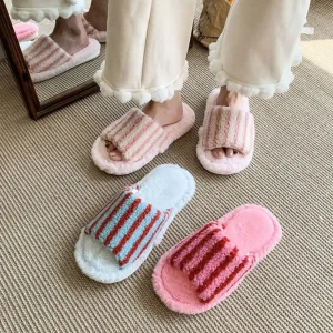 Pantoufles en peluche décontractées à rayures confortables, chaussures douces et chaudes en coton pour la maison, antidérapantes, Patchwork, chaussures plates pour la maison pour étudiantes