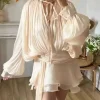 P7WI-Mini robe chemisier uni pour femme, haut beige, col en V, manches longues, épissé, à lacets, style doux, vêtements féminins, mode