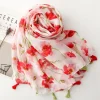 Luxe rouge Floral femmes écharpe été plage châle coton lin sentiment gland Pashmina musulman Hijab Wrap dame Viscose écharpe