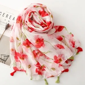 Luxe rouge Floral femmes écharpe été plage châle coton lin sentiment gland Pashmina musulman Hijab Wrap dame Viscose écharpe
