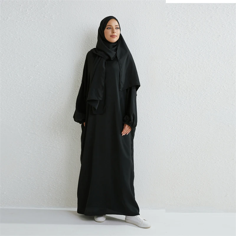 abaya robe de prière musulmane pour femme, une pièce, à capuche, manches smocks, vêtements islamiques, jilbab, dubaï, saoudien, noir, modestie turque
