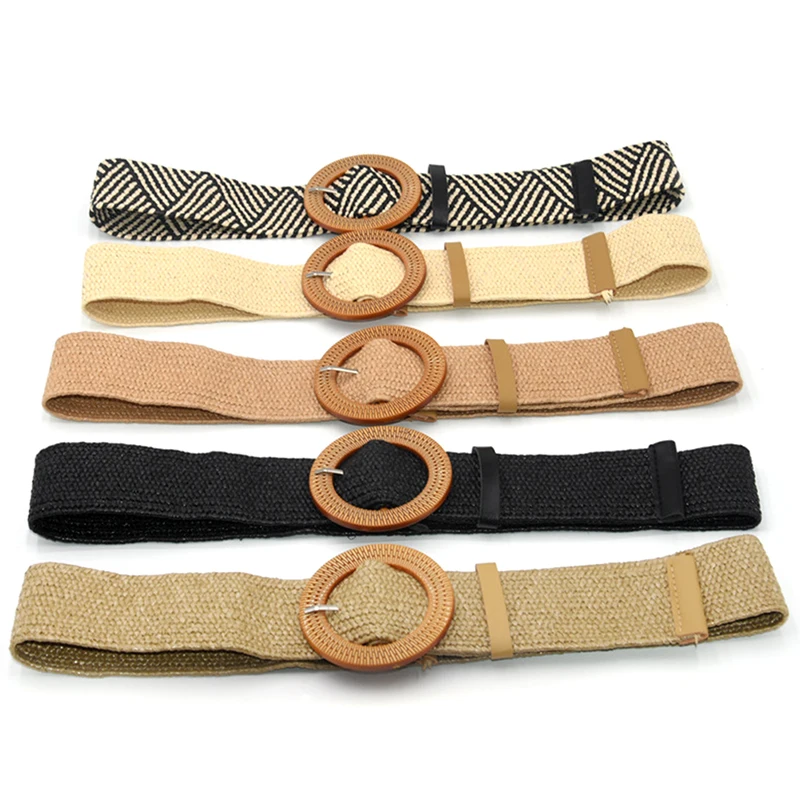 Ceinture élastique tressée en plastique pour femmes, ronde, vintage, bohème, paille, décorative, robe, été