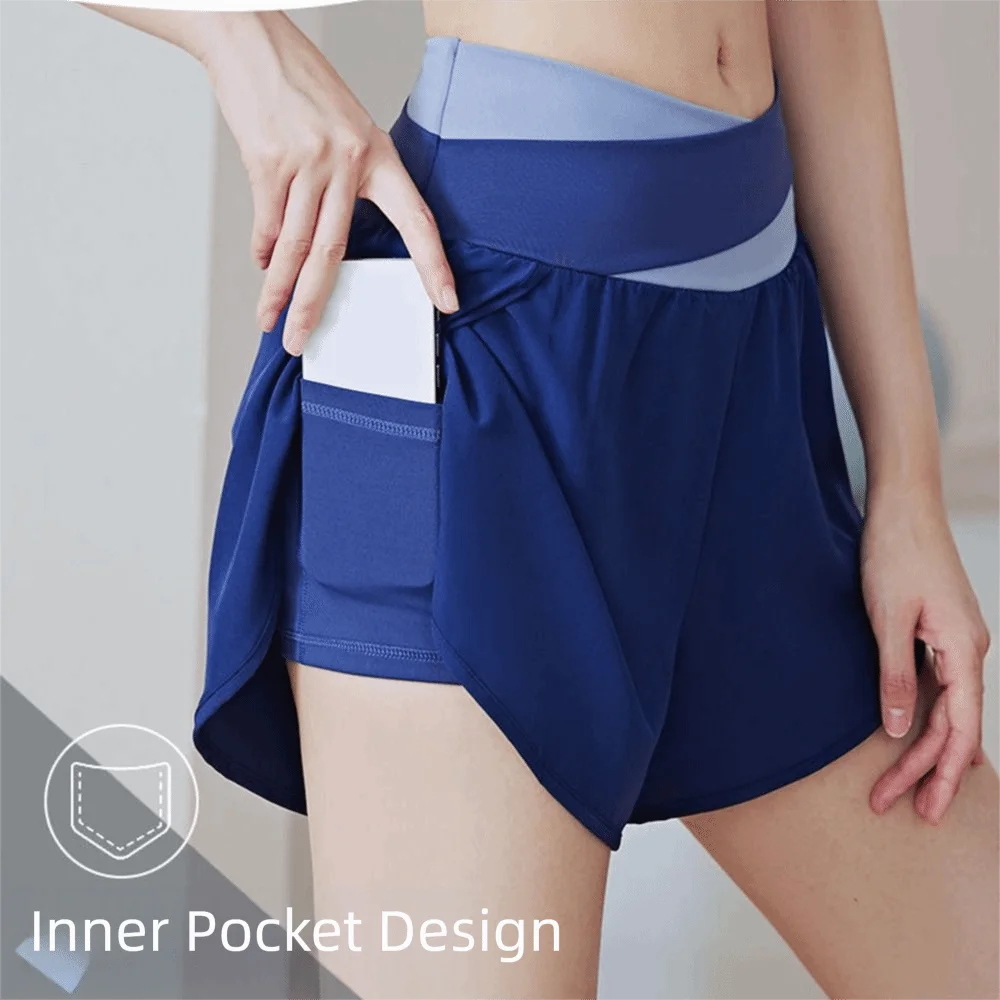 Short de sport respirant 2 en 1 pour femmes, doublure intérieure, jupe de Yoga colorée, poches latérales pour téléphone, short de course antidérapant