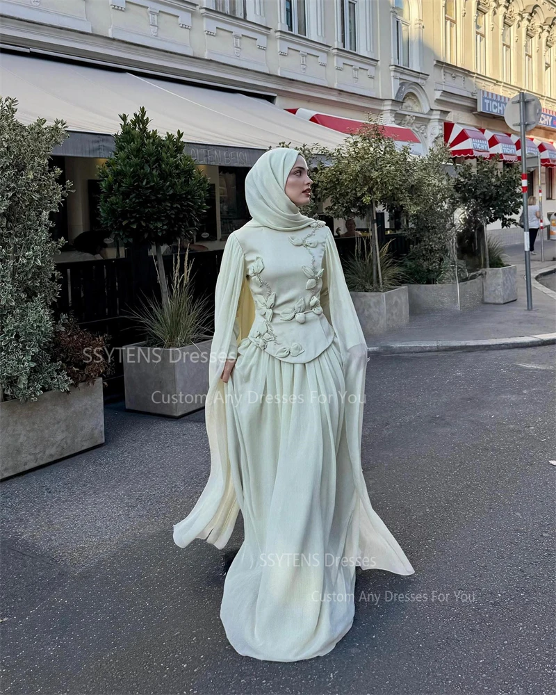ssytens robes de soirée modestes avec hijab à manches longues cape robe de soirée de mariage musulmane à la main fleur robes de soirée personnalisées