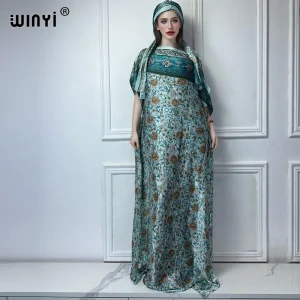 WINYI-Robe musulmane pour femmes, abaya africaine, dubaï, col ras du cou, imprimé, kaftan, élégante, longueur maxi, tenue de plage