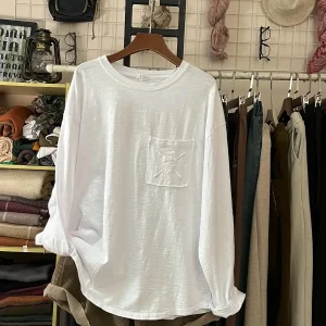 YoYiKamomo-T-shirt col rond femme, en coton bambou, brodé, décontracté, printemps automne, 2025