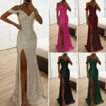 Robe de Rhélégante à paillettes avec fente latérale pour banquets, robe maxi à col en V, tenue de fête, Rh, mariages, Off initiated