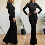 Robes moulantes à paillettes pour femmes, robe Maxi scintillante, élégante, fête, nouvel an, noël, col montant, broderie asymétrique, transparente, Chic