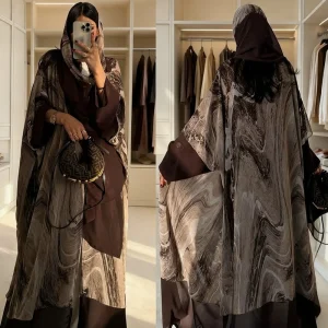 Femmes Abaya écharpe 2 pièces ensemble Cardigan Robe dubaï Eid imprimé musulman marocain caftan fête Jalabiya robes Largos arabe longue Robe