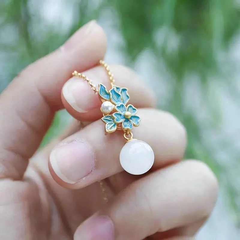 collier et boucles d'oreilles en porcelaine hétian incrustée de perles de jade blanc, fleur d'émail, style palais, bijoux élégants pour dames, nouvelle collection