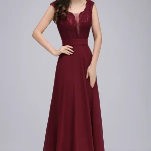 Robe de soirée longue bordeaux pour femmes, élégante, Sexy, Illusion, col rond, dentelle, sans manches, ligne a, en mousseline de soie, robes de bal formelles