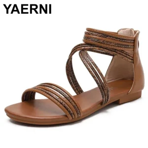 YAERSettlement-Sandales à l&rsquo;offre elles compensées pour femmes, chaussures romaines en peau de serpent, grande taille, chaussures plates décontractées, sandales à plateforme de rinçage à lanières, été