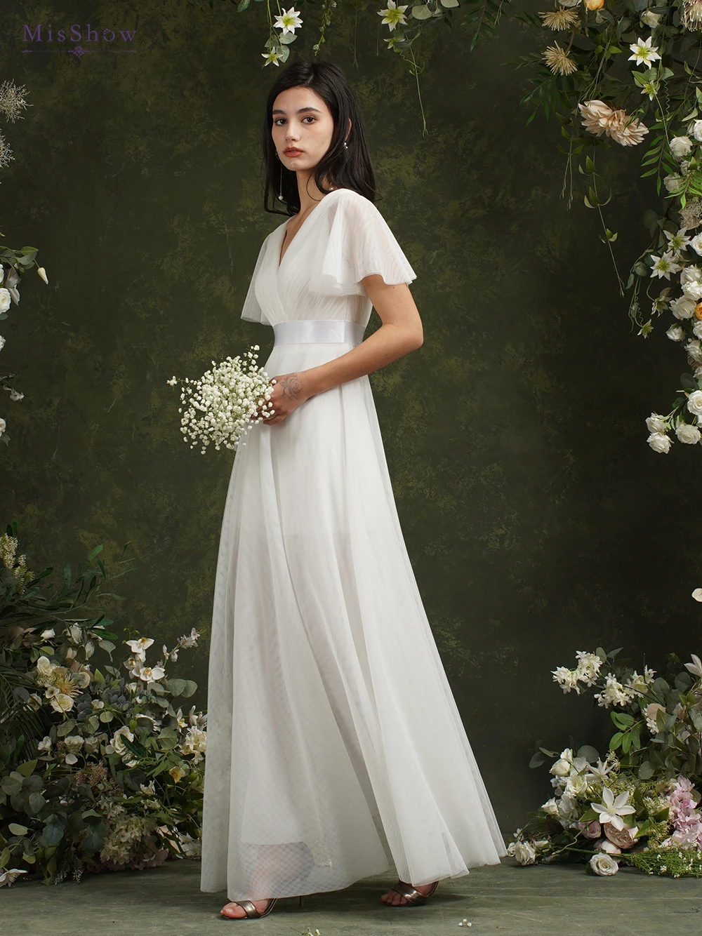robe de mariée ivoire à manches courtes pour femme, ligne a, col en v, plissé, tulle, dos ouvert, bal de promo, tout ce qui est avec ceinture