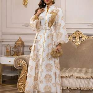 Abaya musulman de luxe, Base blanche, robe longue brodée florale dorée avec ceinture à la taille, élégante et modeste, vêtements de cérémonie islamiques, dubaï, 2025