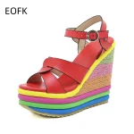 EOFK Sandales compensées pour femme Espadrilles à plateforme Sandale à talon compensé coloré avec bride à la cheville 13 hauteur de talon