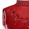 costume de danse latine pour enfants filles, strass brillants, col montant, sans manches, maille patchwork, pompon, justaucorps de danse moderne, body à franges