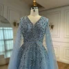 luxe saoudien arabe bleu perlé une ligne robe formelle avec manches cape serene hill 2025 la72968 personnalisé