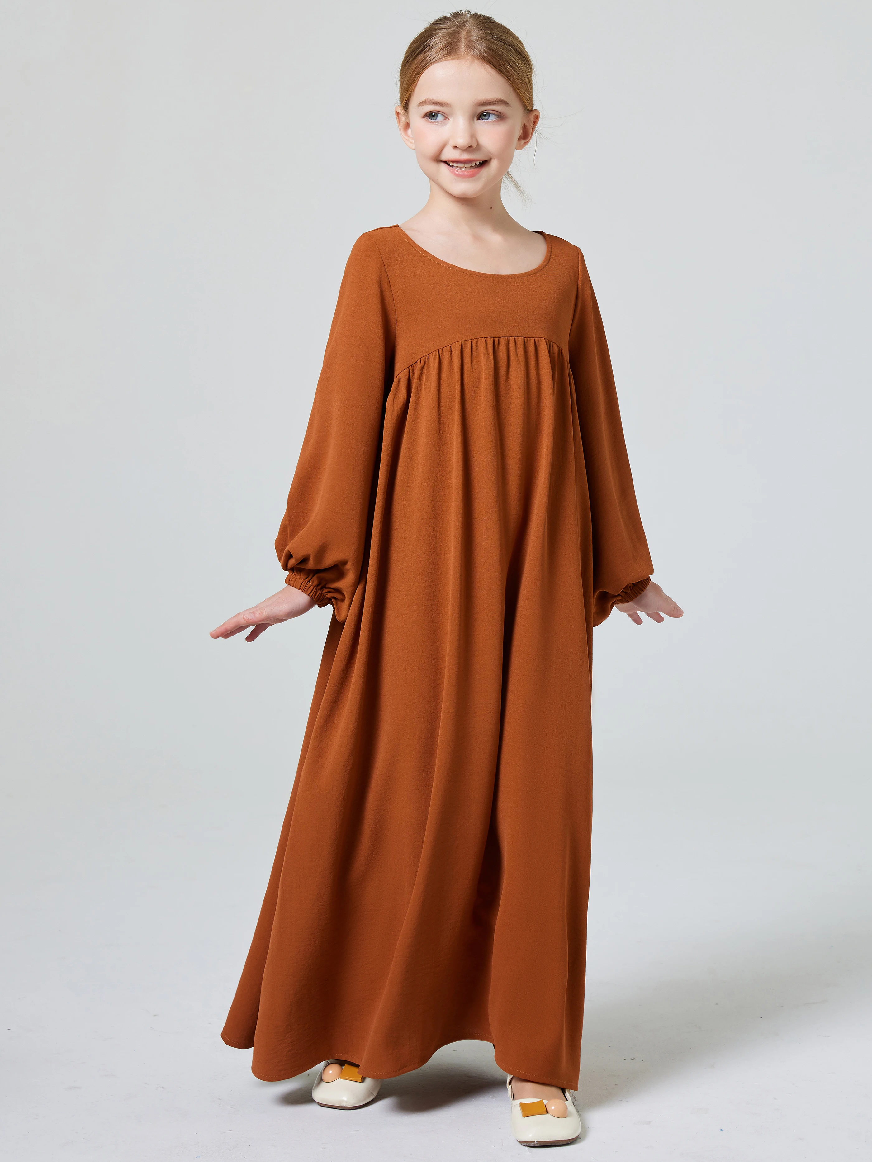 Enfants Abaya Ramadan musulman dubaï élégant fille solide col rond à manches longues caftan Kebaya robe pour fête prier cadeau