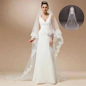 Voile de mariage long bord dentelle, voile luxueux pour patients, blanc ivoire avec peigne, tulle cathédrale, une couche, 2.6 m, accessoire de mariée