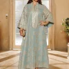 abaya islamique brodé bleu clair pour femmes musulmanes avec détails dorés, idéal pour les événements formels au moyen orient comme des Émirats arabes saoudiennes