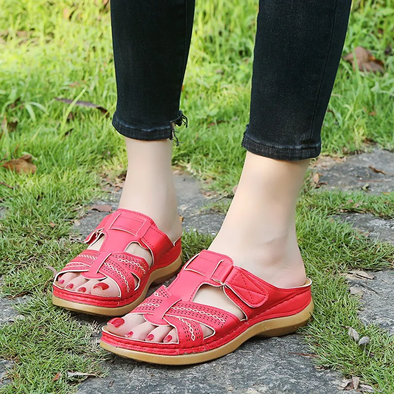 Sandales compensées orthopédiques 4WD pour femmes, chaussures d'été ouvertes, vintage, coordonnantes, en cuir, décontractées, à plateforme rétro