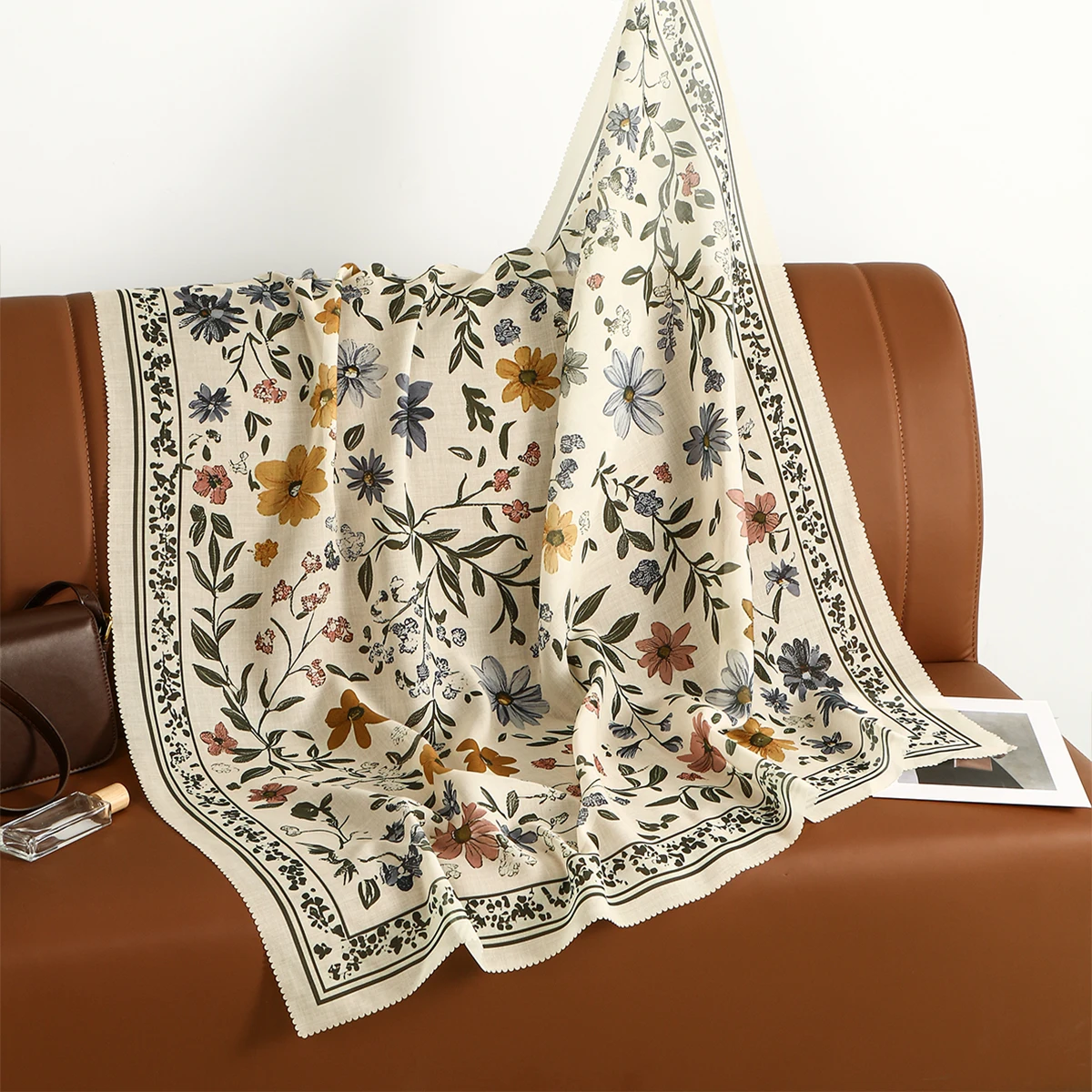 foulard carré en satin de soie 110x110cm, châle imprimé floral musulman, hijab imprimé à la mode pour femmes, mouchoir en voile de coton doux