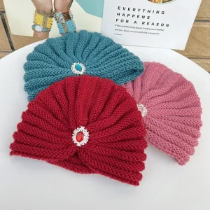 Turban bohème en laine pour femme, casquettes Hijab chaudes, optique douce, bijoux en diamant, chapeaux à la mode, hiver