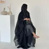uni 2025 couleur unie musulman ouvert abaya hijab 2 pièces ensemble brillant musulman kimono cardigan avec hijab