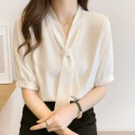 Chemise élégante à lacets avec nœud de couleur unie, chemisier professionnel à manches longues, assorti à tout, chemisiers amples en mousseline de soie pour femmes, bureau